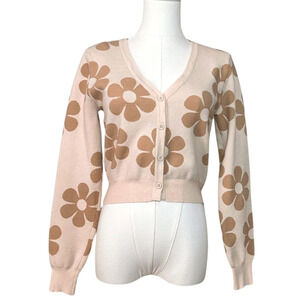 Liv + Lottie Cream Tan Daisy Jacquard Cropped Button Front Cardigan Medium